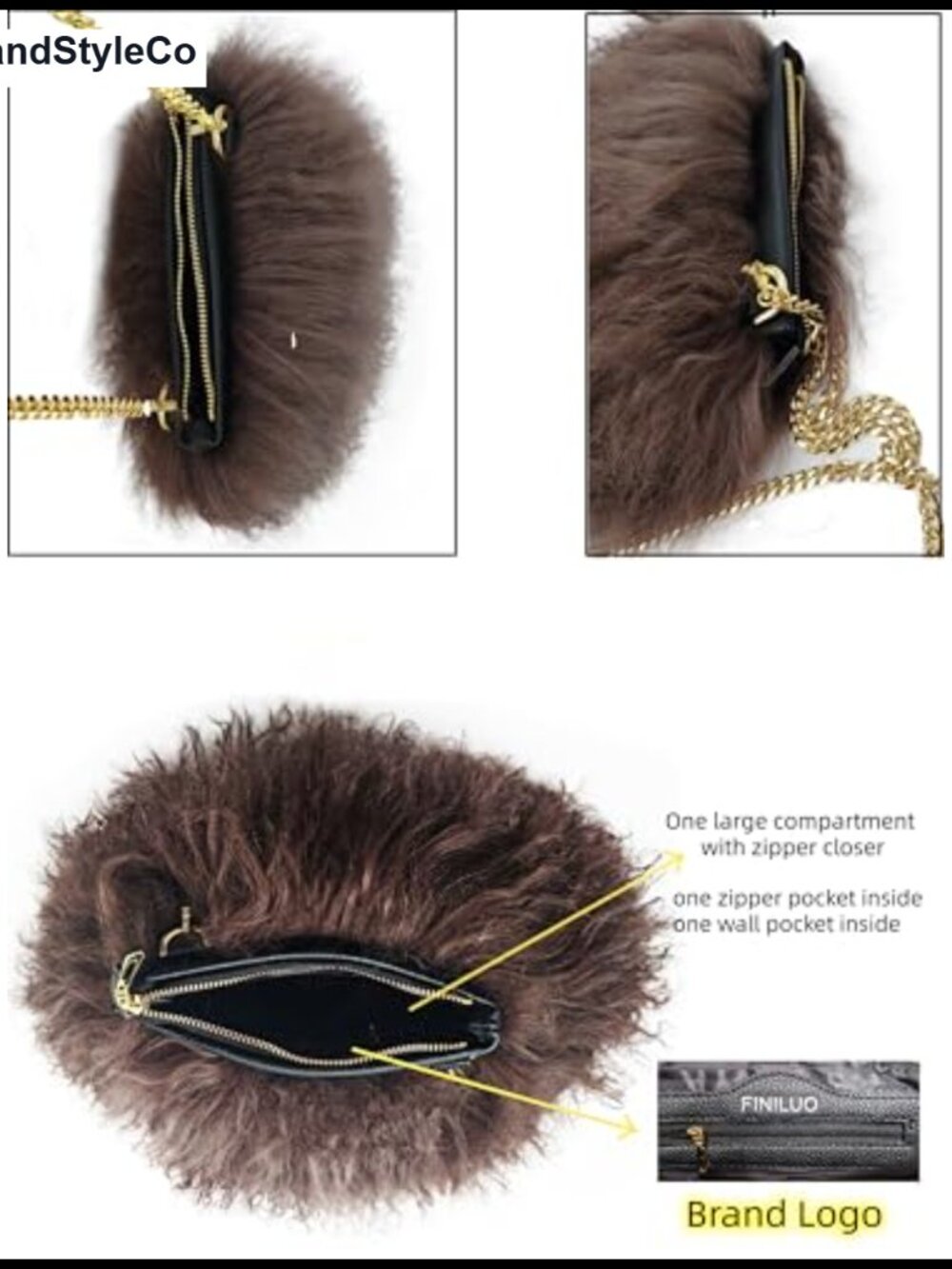 Real Curly Mongolian Fur Crossbody Bag Adjustable Chain Strap - Picture 6 of 6